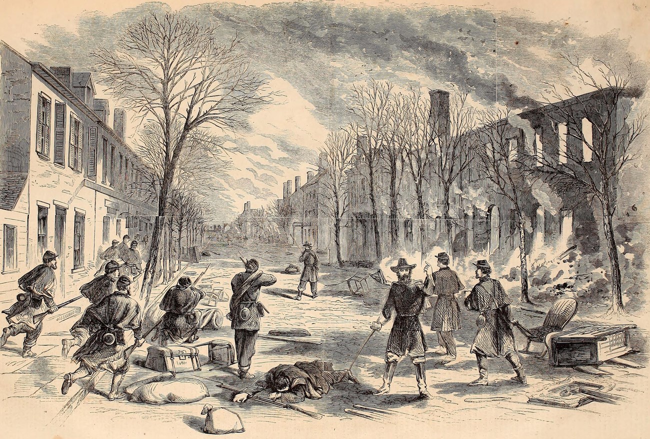 Union soldiers fight through the streets of Fredericksburg on December 11, 1862.