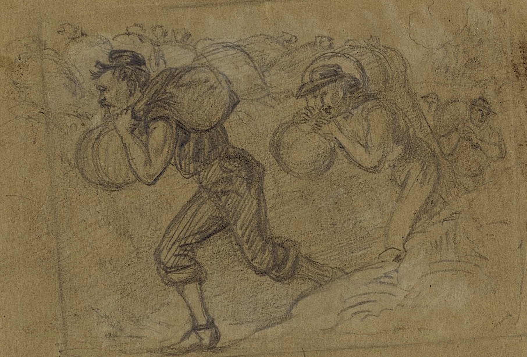 Alfred Waud's sketch of miners carrying powder in preparation for exploding the mine at Petersburg.