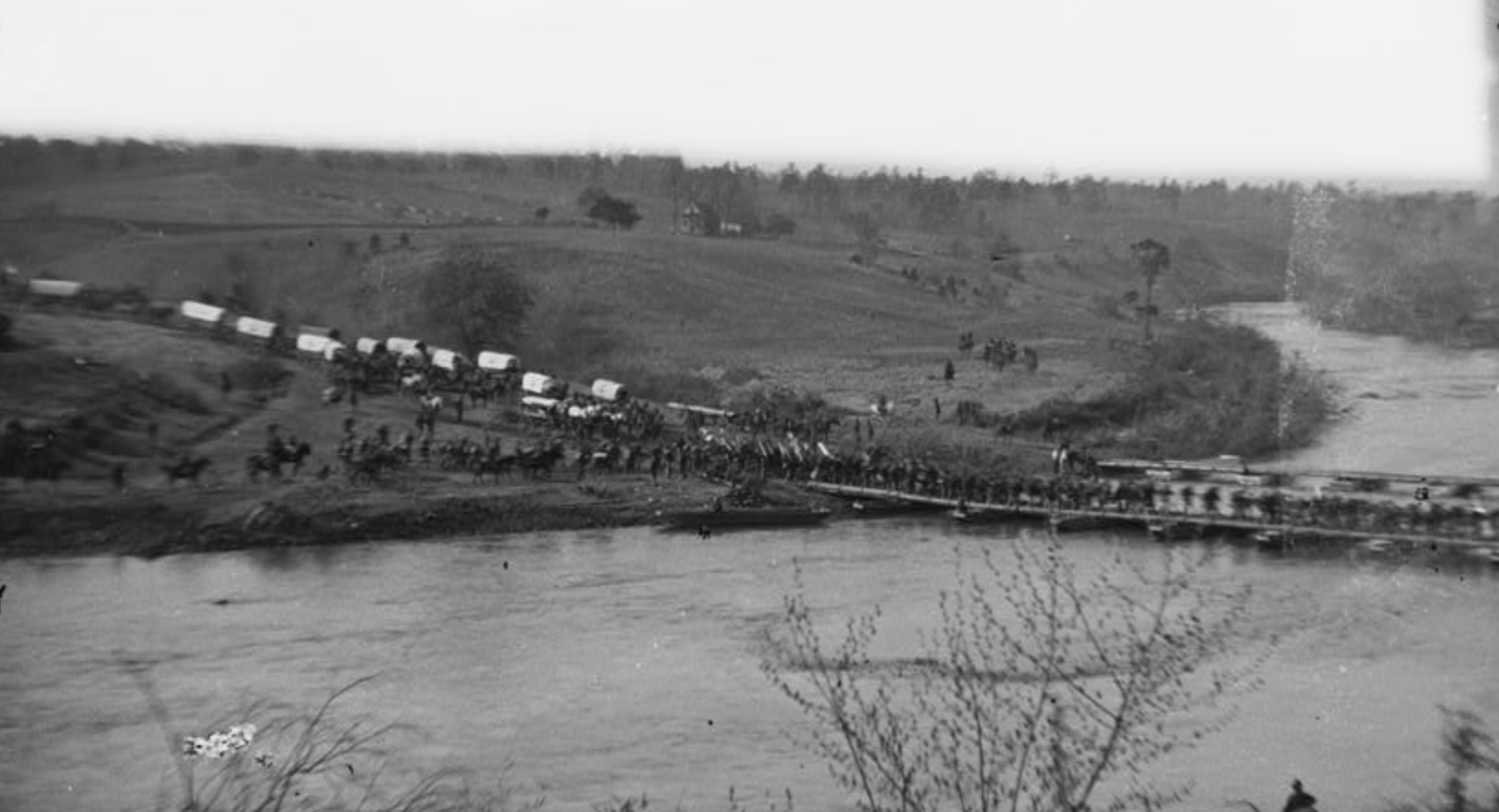 This photo by Timothy O'Sullivan shows the Army of the Potomac crossing the Rapidan River at the start of the Overland Campaign in 1864.