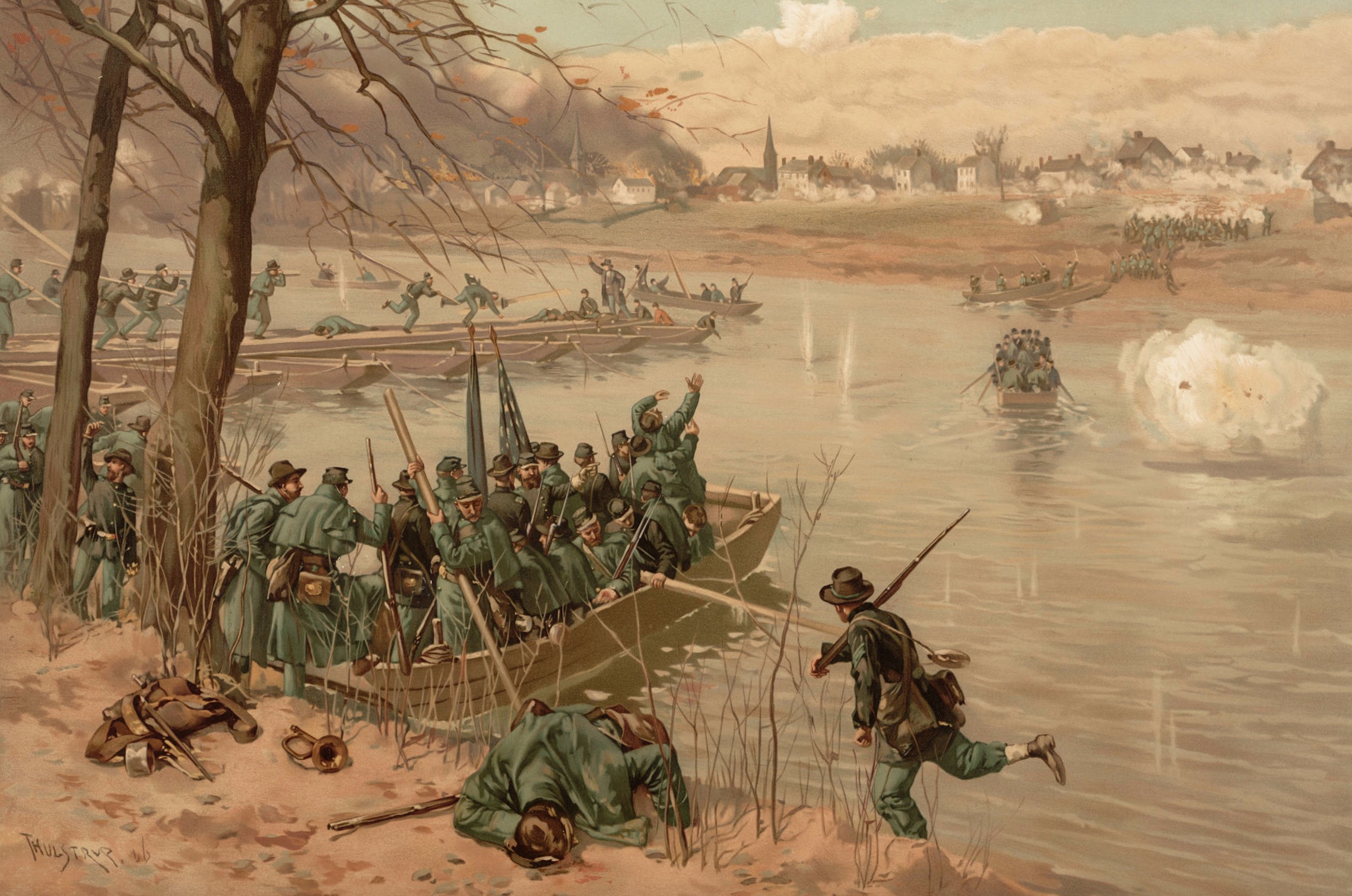 In this painting by Thure de Thulstrup, Union soldiers build a pontoon bridge under fire from Confederates positioned in Fredericksburg.