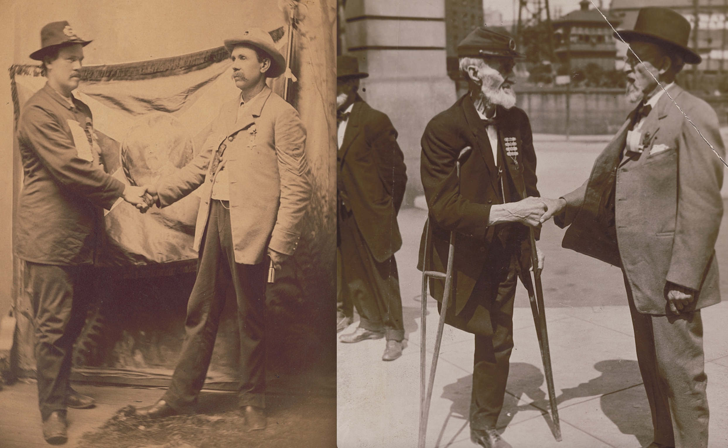 Left: Veterans Timothy Lee (left), 61st Massachusetts Infantry, and former Confederate cavalryman James Hannon shake hands for the camera in July 1887. Right: Veterans William Calvert (left), 77th Pennsylvania Infantry, greets former Maryland Confederate William DeLashmutt at the 1913 Gettysburg reunion.