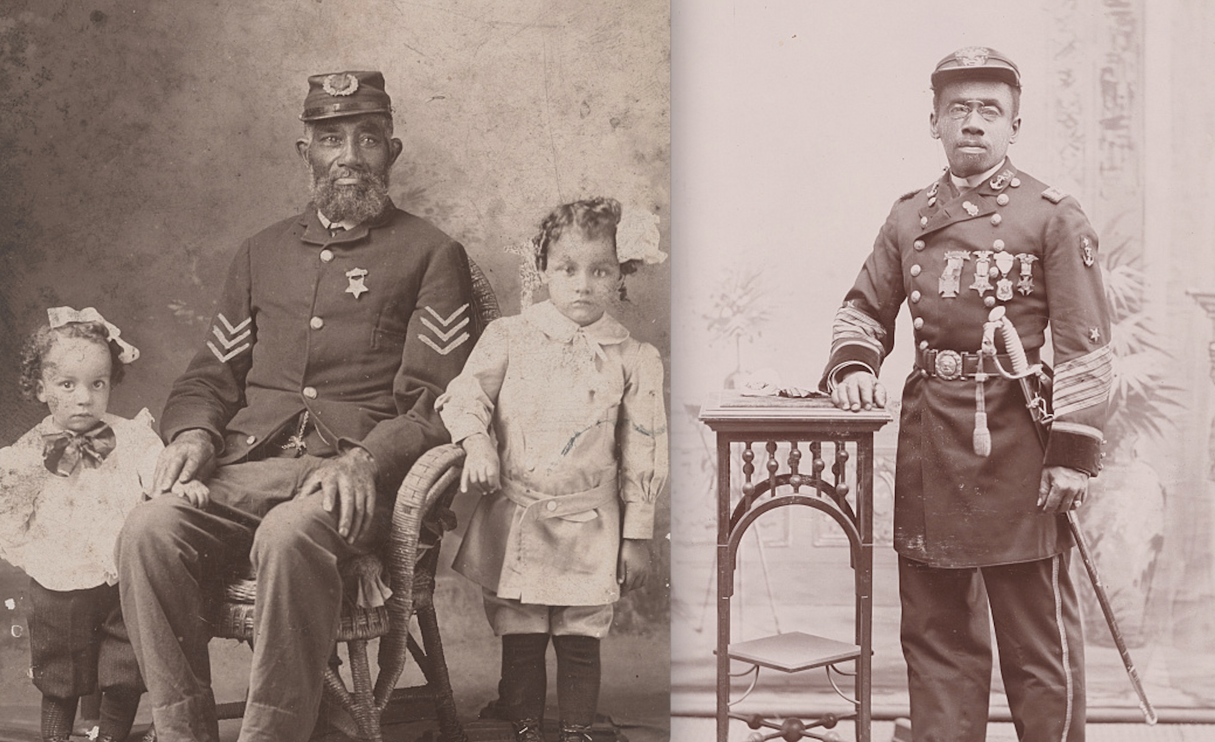 Left: An unidentified African-American veteran in his GAR uniform poses with two children in an image made circa 1900. Right: A Union veteran from Boston in a photo from the 1890s.