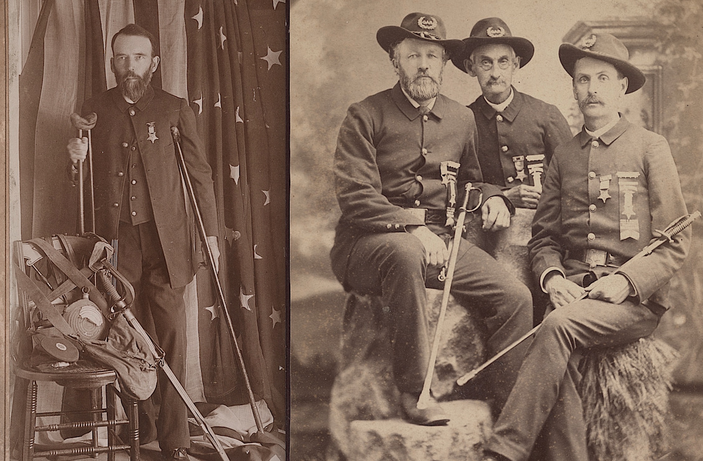 Left: Civil War veteran and amputee Henry A. Seaverns, a member of the GAR post in Scituate, Massachusetts, in the mid-1890s. Right: Three unidentified Civil War veterans in Grand Army of the Republic uniforms with swords in front of painted backdrop in a photo from the late 1800s.
