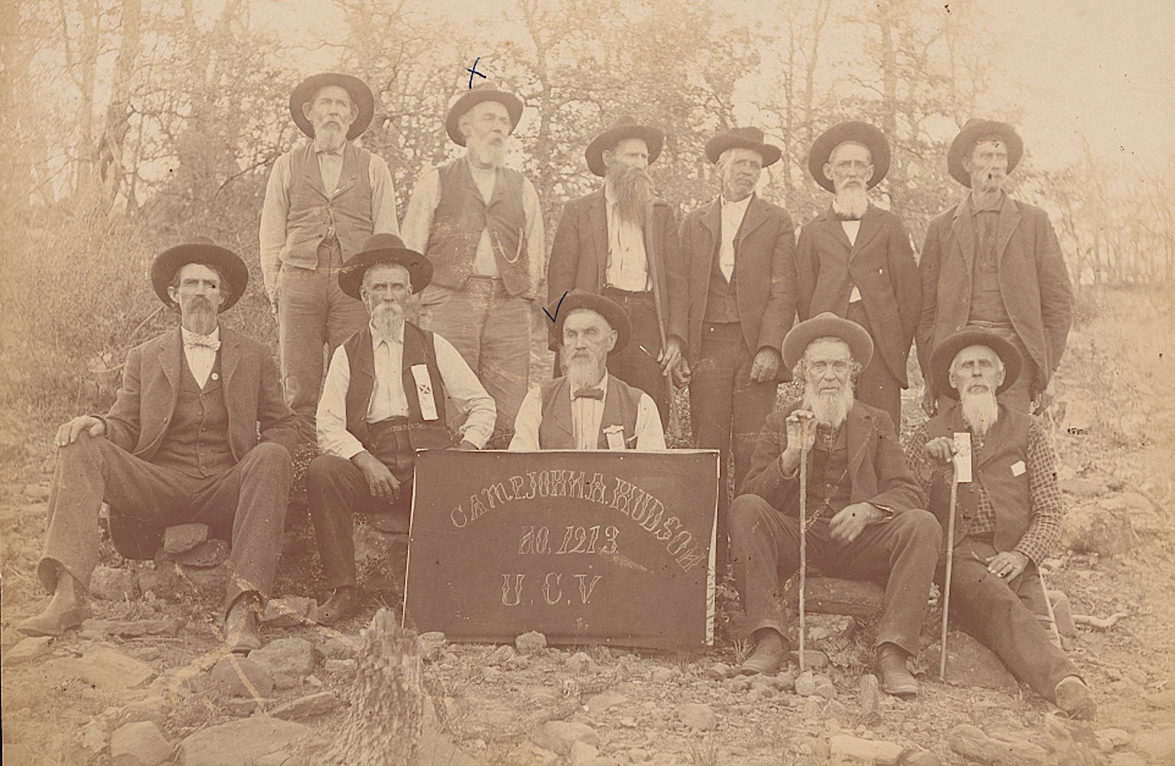 Members of the United Confederate Veterans (UCV) gather in Cundiff, Texas, around 1900.