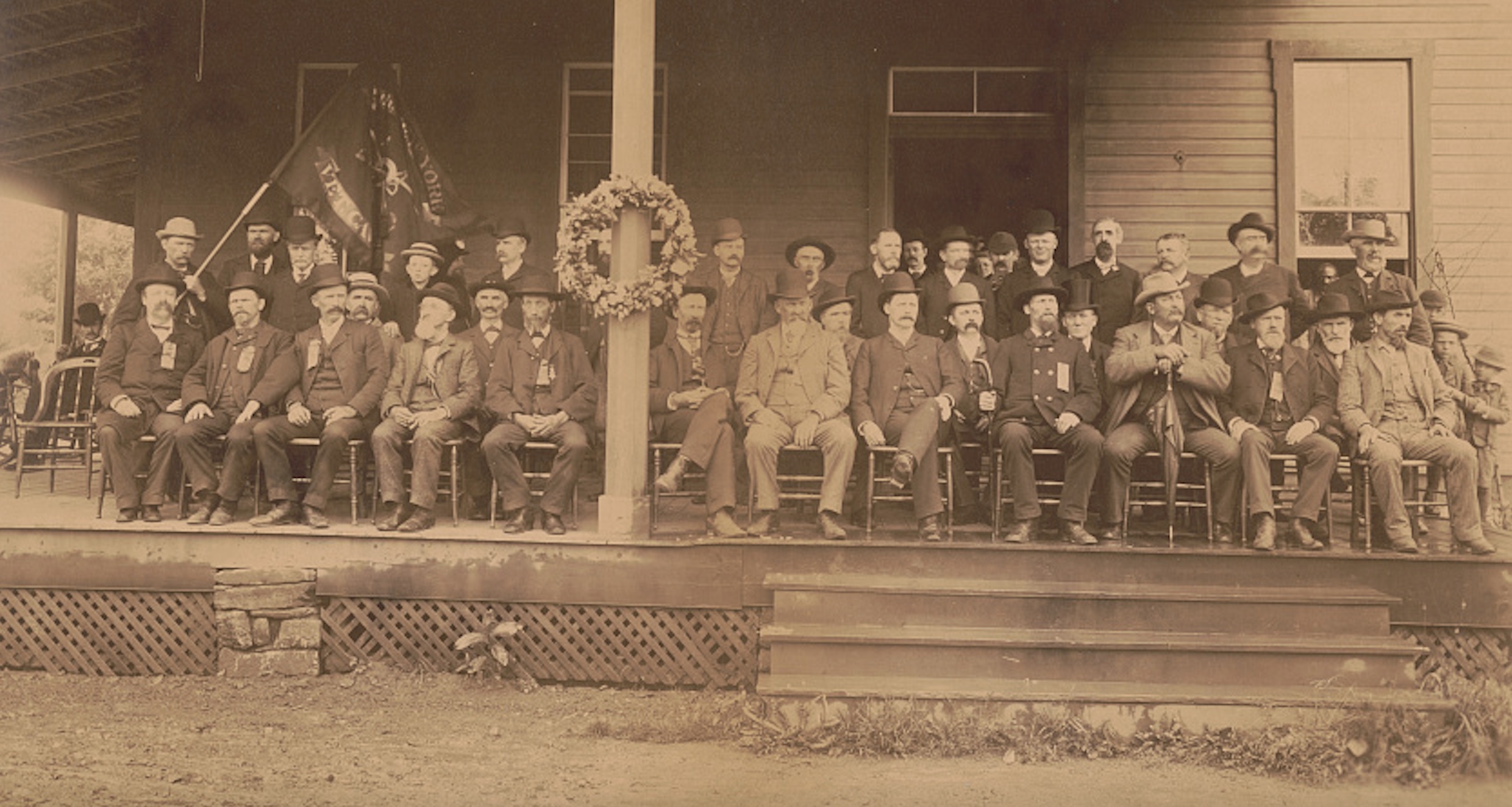 Unidentified Civil War veterans of a New York cavalry regiment at a reunion between 1880 and 1900.