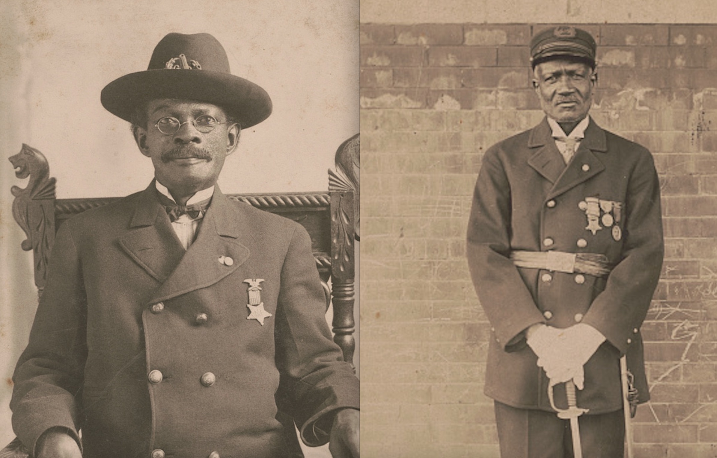 Left: John W. Pollard, who served under the name Jackson Ridgway in the 83rd U.S. Colored Troops, wears his GAR uniform and medal in a photo made in May 1906. Right: An unidentified African-American veteran in GAR uniform with medals and sword.