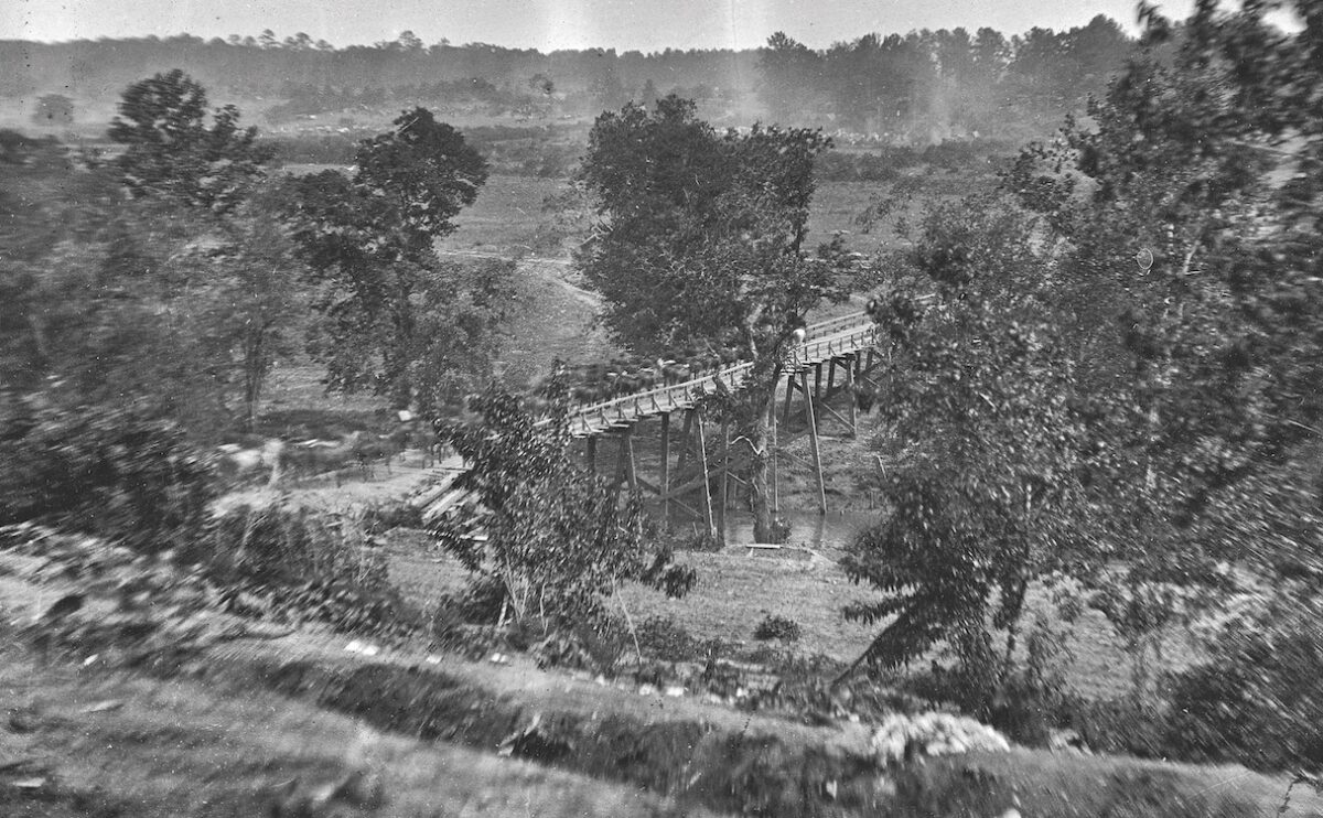 Grant's forces cross the Chesterfield Bridge over the North Anna River in pursuit of Lee's army.