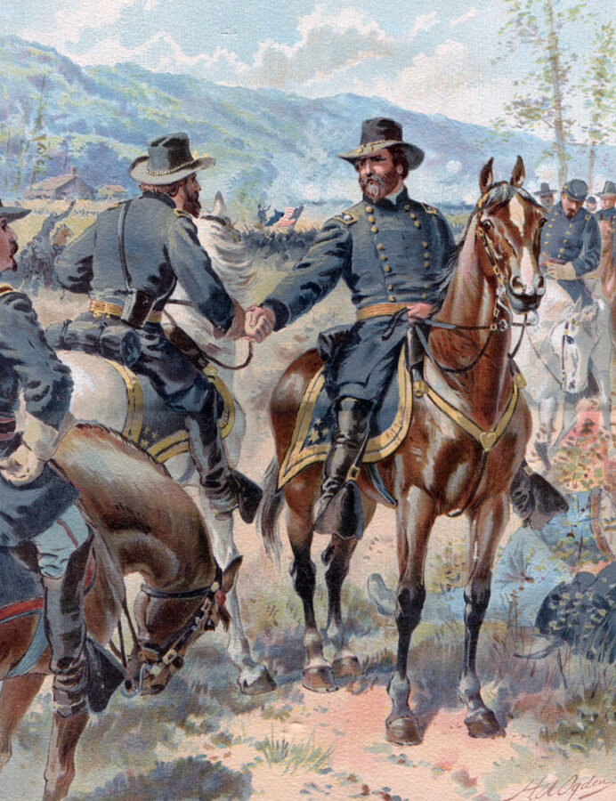 Portrait of General George H. Thomas riding a horse and shaking hands with a soldier during the Battle of Chickamauga.
