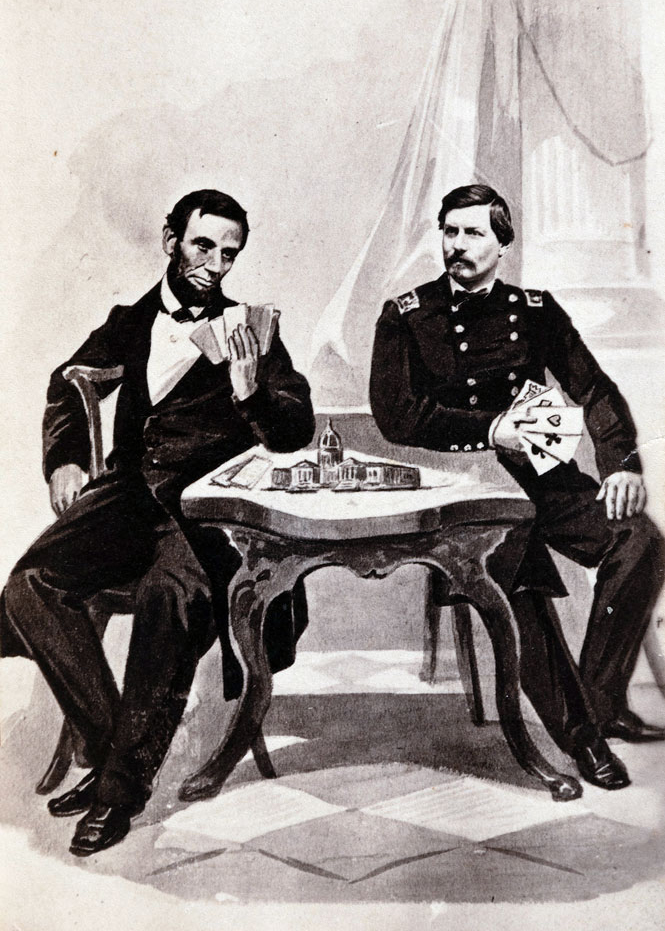 Black and white illustration of Abraham Lincoln and George B. McClellan playing cards.