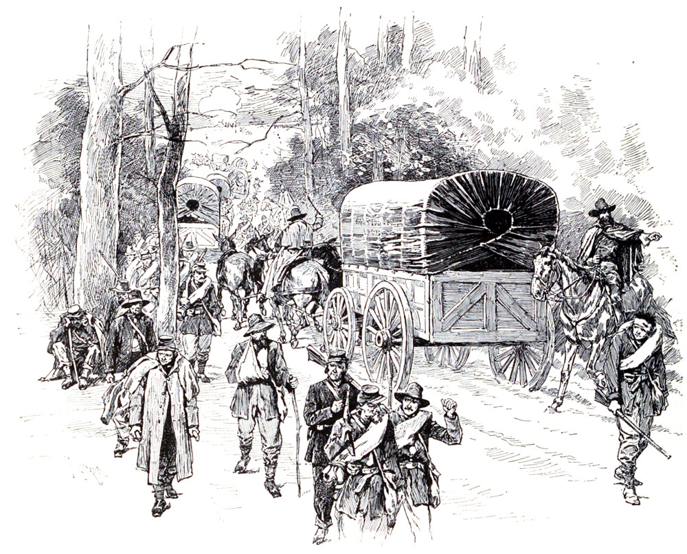 Black and white illustration of Union soldiers walking toward the rear as ammunition wagons headed for the front at the Battle of Shiloh.