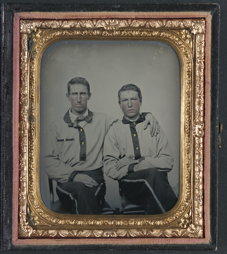 Two unidentified soldiers in Confederate battle shirts