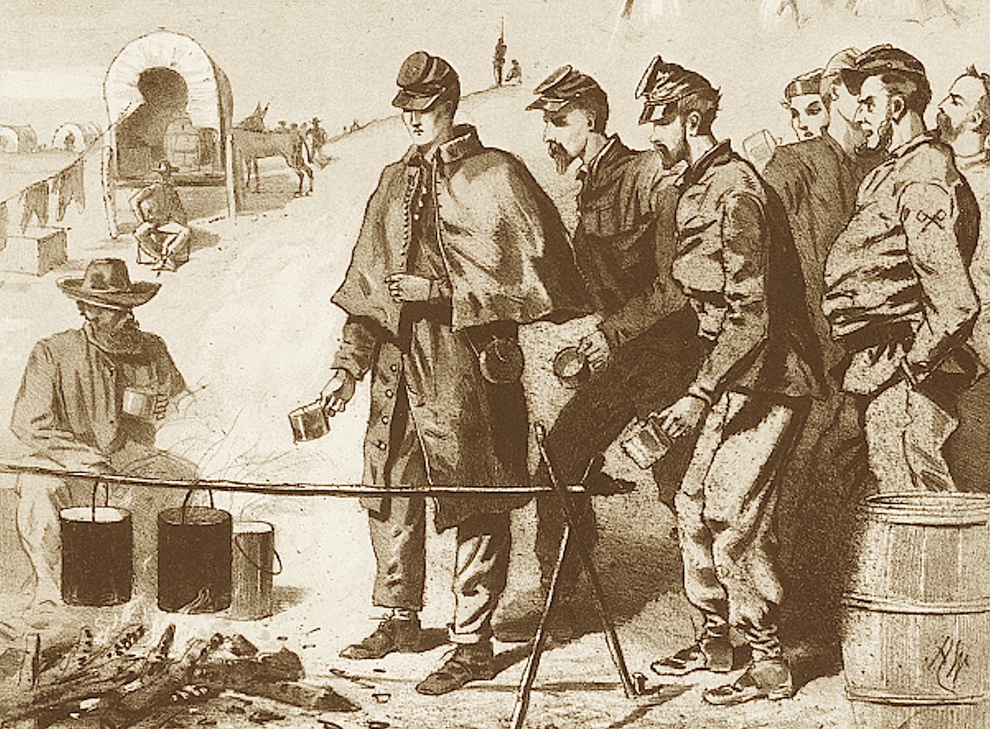 Winslow Homer's illustration "The Coffee Call" depicts Union soldiers waiting their turn for a cup of the popular beverage.