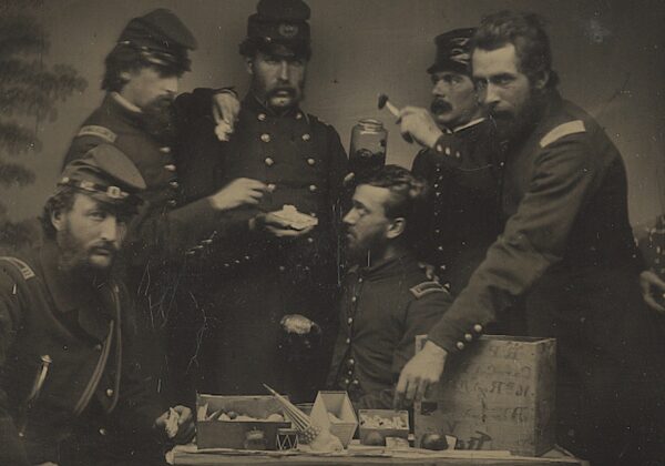 Union officers open a box of goodies from home in a photograph made early in the Civil War.