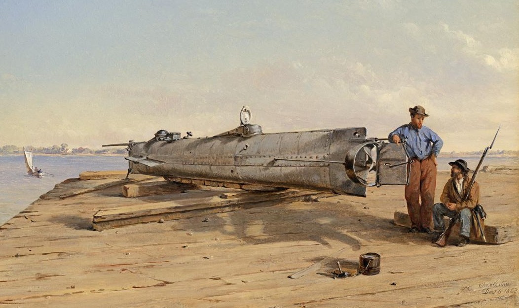 Conrad Wise Chapman’s painting of H.L. Hunley in Charleston was the only detailed representation of the submarine known to historians until the hull of the hand-powered boat was recovered in August 2000.