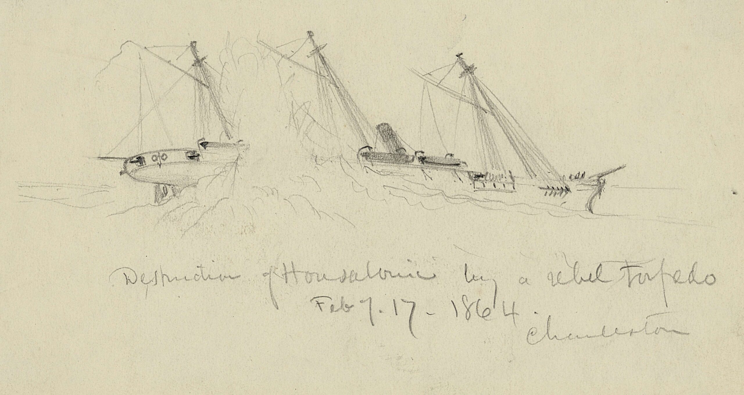 William Waud’s sketch “Destruction of Housatonic by a rebel torpedo. Feb. of 17 1864. Charleston.” Hunley embedded its spar torpedo on the starboard stern of the sloop, so that the blast of the explosion would be directed into the underside of the ship. Housatonic settled on the bottom quickly, but in shallow water. Five members of its crew died.
