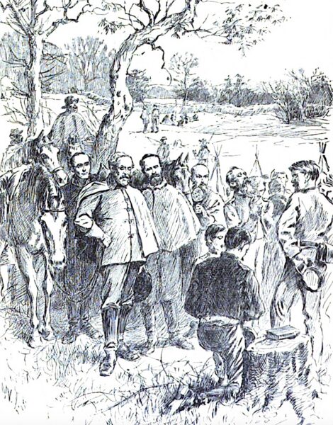 A postwar illustration depicts Robert E. Lee attending a prayer meeting in camp.