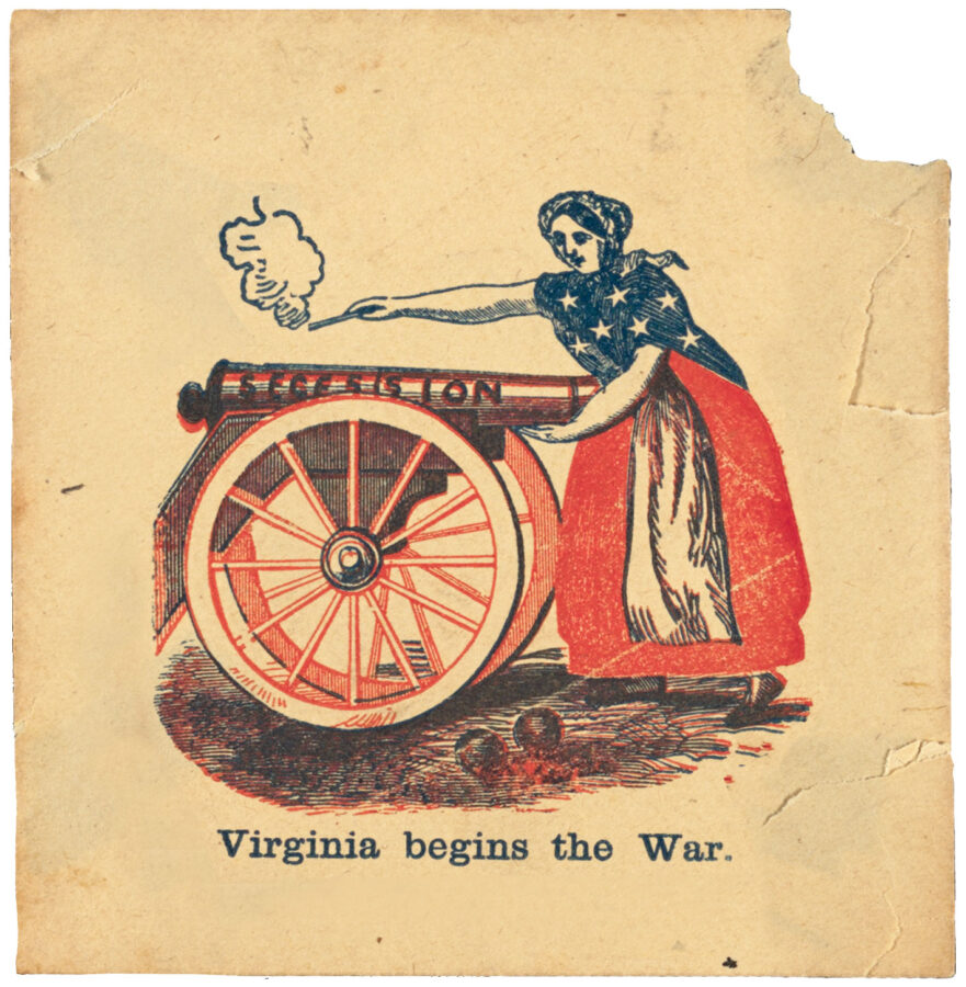 Illustration of woman in red, white and blue outfit lighting a cannon tagged as Secession that's pointed at her.