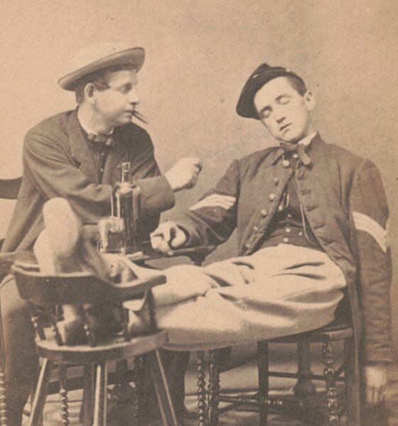 A Union sergeant feigns drunkenness in a photo made during the Civil War.