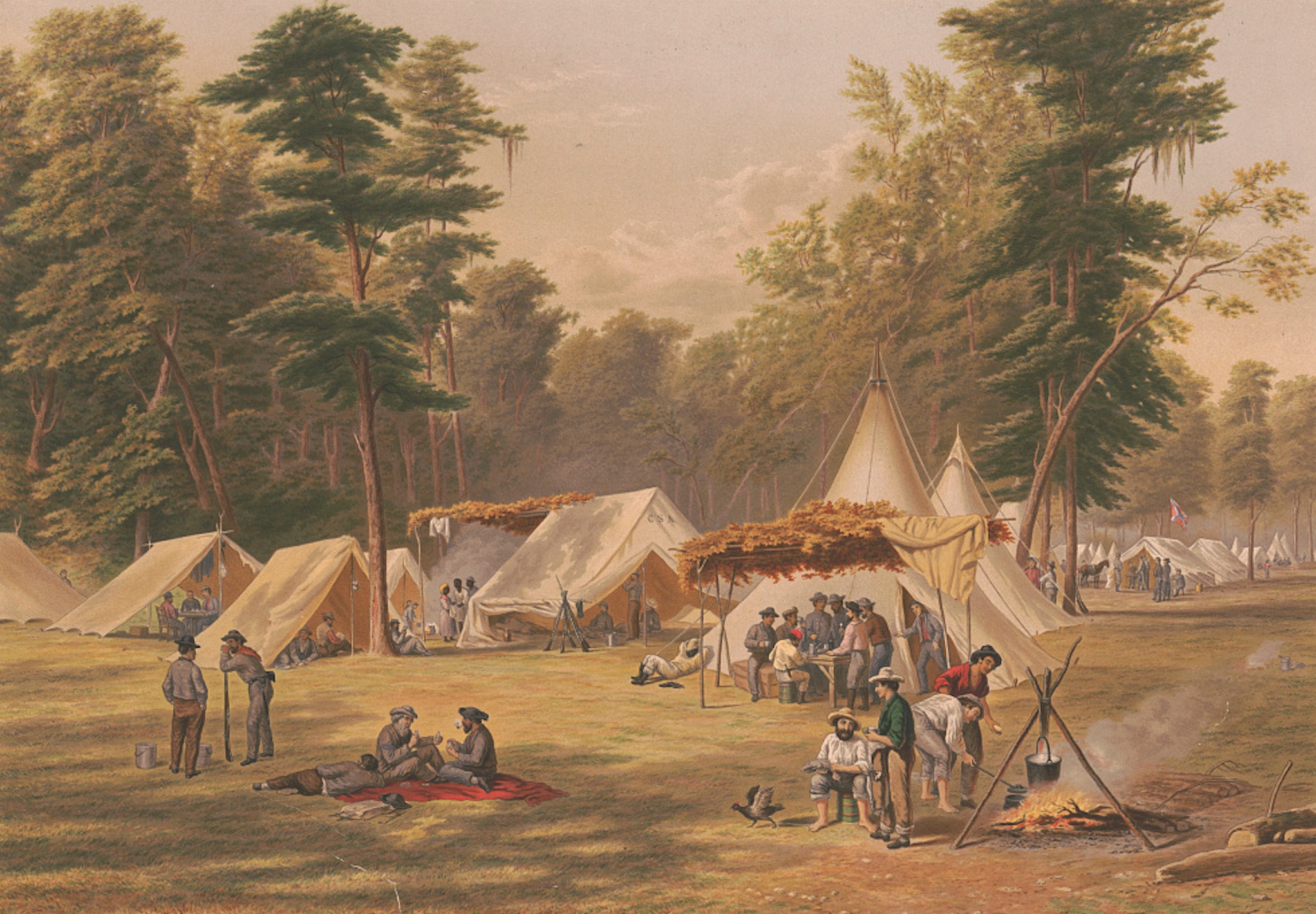 This 1871 chromolithograph, based on a painting by former Confederate soldier C.W. Chapman, depicts enslaved men and women among uniformed soldiers in a Confederate army camp.