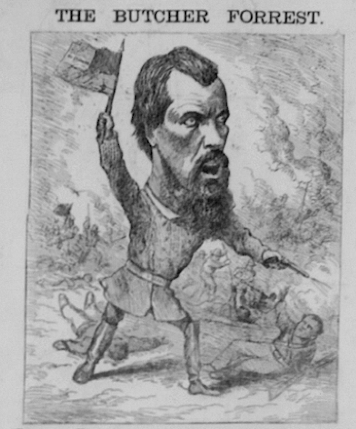 Thomas Nast's 1868 political cartoon depicts Nathan Bedford Forrest—"The Butcher Forrest"—as one of the "Leaders of the Democratic Party."