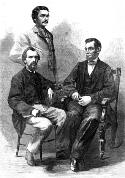 Nicolay (left), Hay (center), and Lincoln depicted in a wartime illustration from Harper’s Weekly.