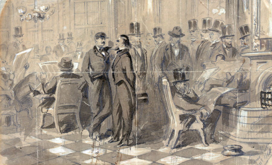 Illustration of President Abraham Lincoln reading a newspaper in Gentleman’s Parlor of Washington’s Willard Hotel.