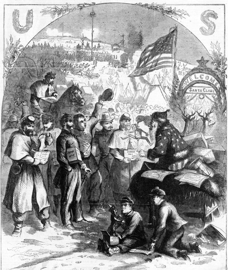 Santa Claus visiting a Union army camp