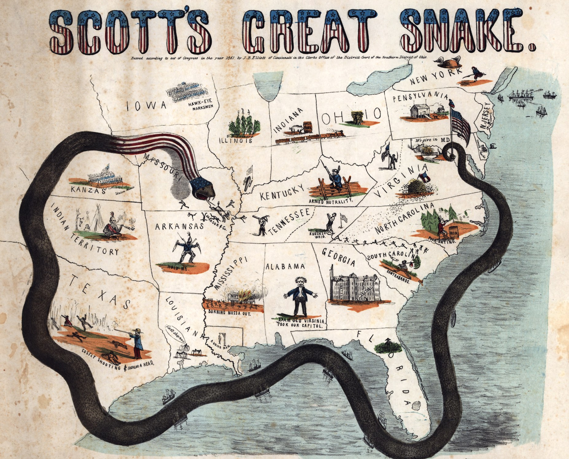 This illustration depicts the Anaconda Plan, the Union strategy devised by General-in-Chief Winfield Scott at the start of the Civil War to defeat the Confederacy by a naval blockade of its ports.