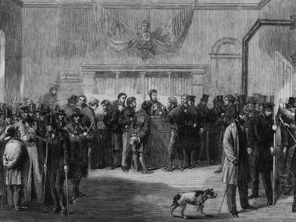 New Yorkers are depicted applying for exemptions from the military draft in an 1863 illustration from The Illustrated London News.