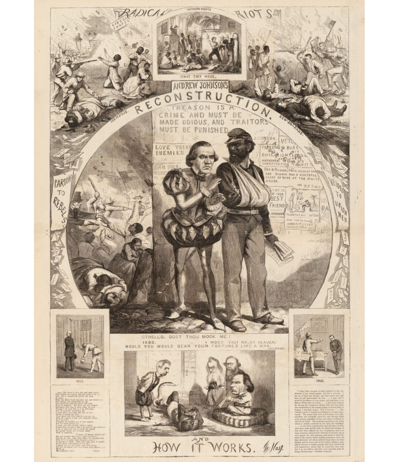 Andrew Johnson at the center of Thomas Nast’s depiction of Johnson’s pro-southern Reconstruction policies.