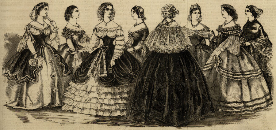 Illustration of ladies wearing ball gowns.