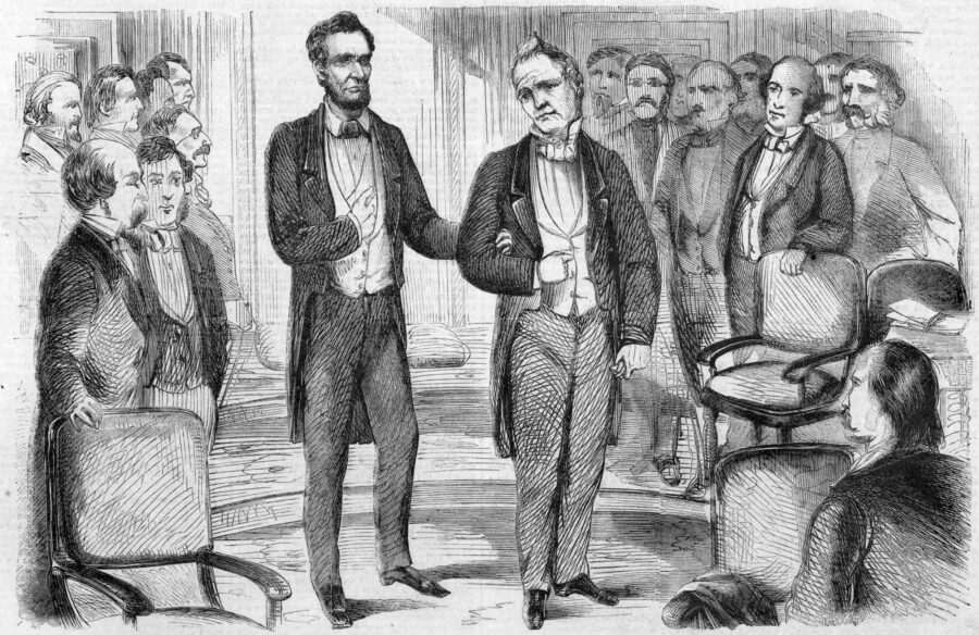 Illustration of Abraham Lincoln and James Buchanan walking arm-in-arm.