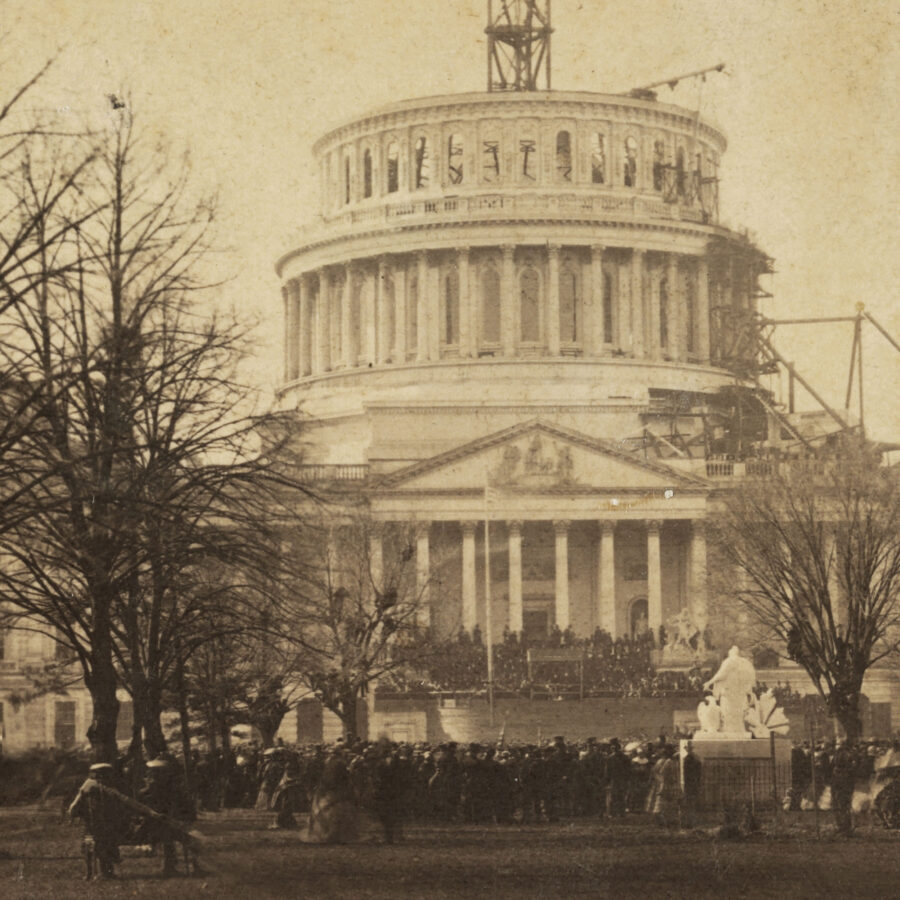 Crowd gathered in front of capitol building for Abraham Lincoln's first inauguration.