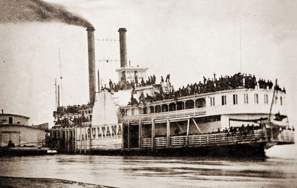 Sultana steamboat with crowds of people aboard.