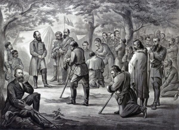 Black and white print of soldiers gathered around Stonewall Jackson in prayer.
