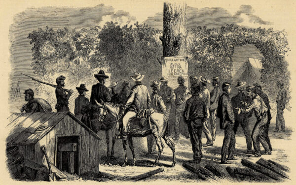 Illustration of Civil War soldiers reading a proclamation nailed to a tree.