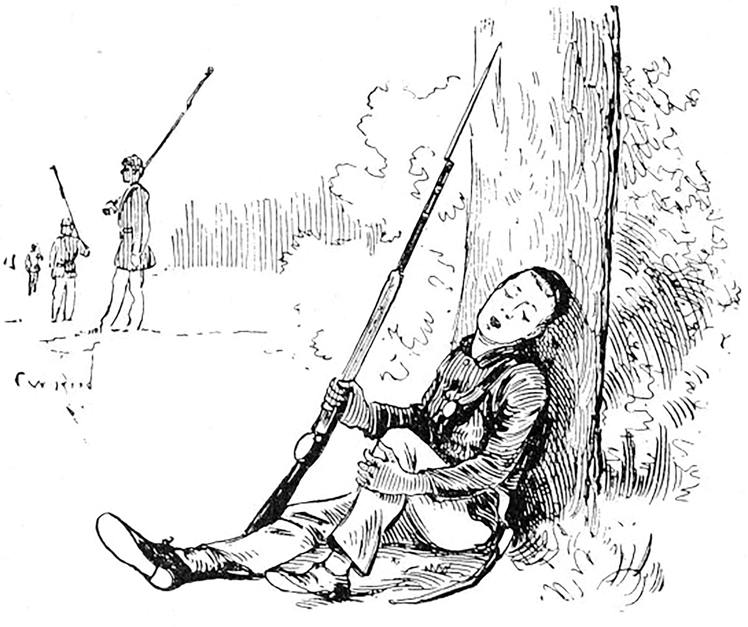 Civil War soldier sits against a tree