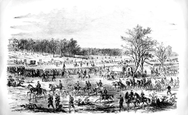 Civil War soldiers march in a wartime illustration.
