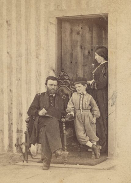 Grant, Julia, and one of their sons in a wartime photo taken at Grant's headquarters at City Point, Virginia.