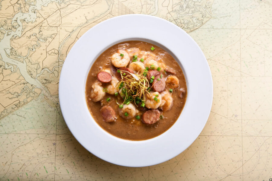 Bowl of shrimp and andouille.