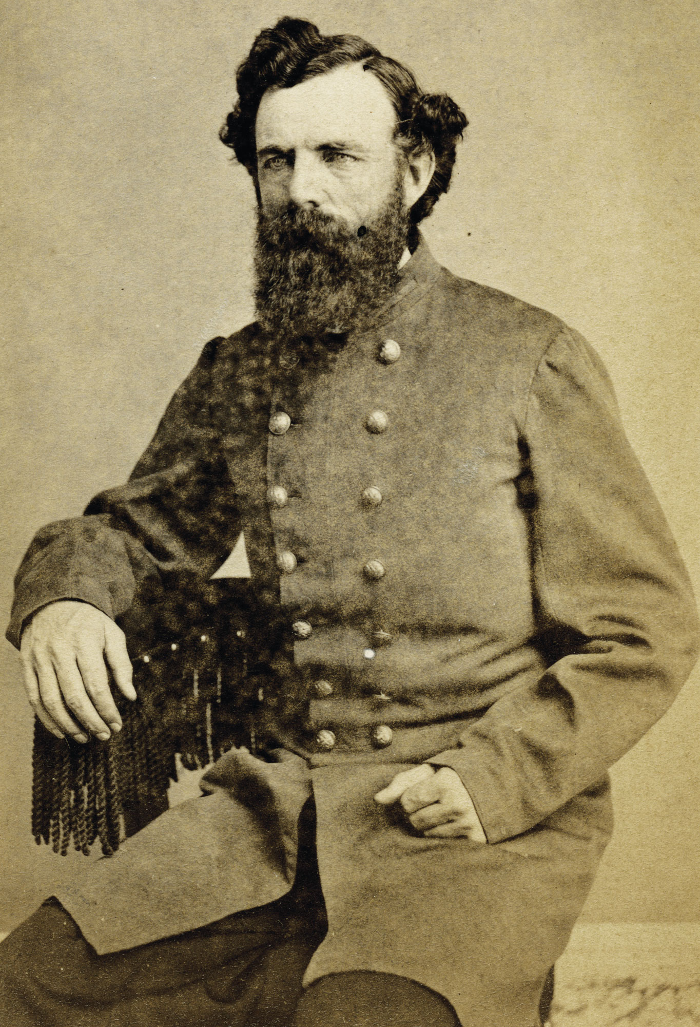 Portrait of John Ells, 2nd Lieutenant, 3rd Georgia Infantry, seated bearded man.