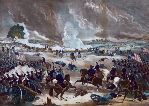 Waves of Union soldiers advance during the Battle at Gettysburg in this 1867 lithograph.