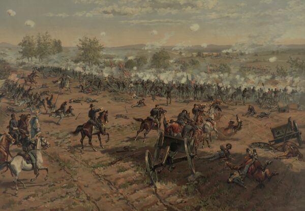 This painting by Thure de Thulstrup depicts the fighting during Pickett's Charge at the Battle of Gettysburg. A post-engagement heat wave made for miserable conditions for the wounded left behind to recover.