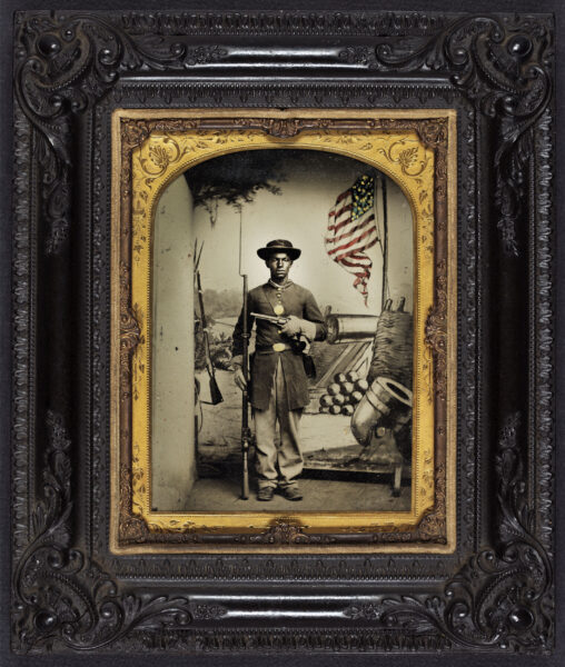 An unidentified member of the U.S. Colored Troops poses for the camera at Benton Barracks in Missouri.