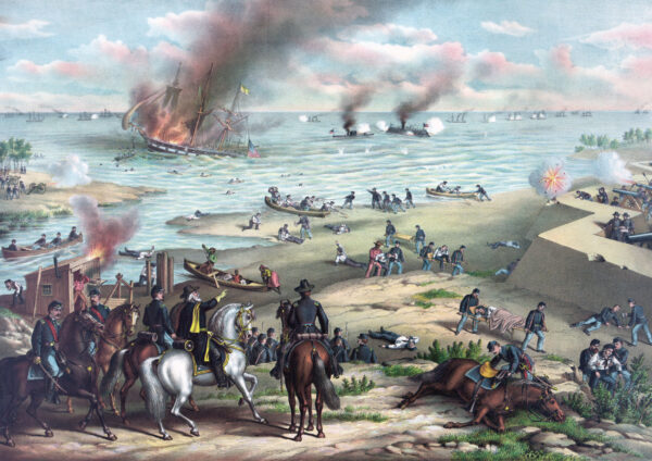 USS Monitor and CSS Virginia (known to most as Merrimack) exchange fire in this dramatiza- tion of the Battle of Hampton Roads.