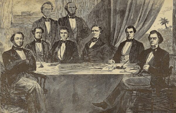 This illustration from Harper's Weekly depicts Confederate president Jefferson Davis (center) and the members of his cabinet at Montgomery, Alabama, in 1861.