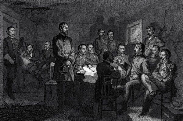 Major General George Gordon Meade listens to senior officers of the Army of the Potomac during the council of war he convened on the evening of July 2, 1863, the second day of the Battle of Gettysburg.