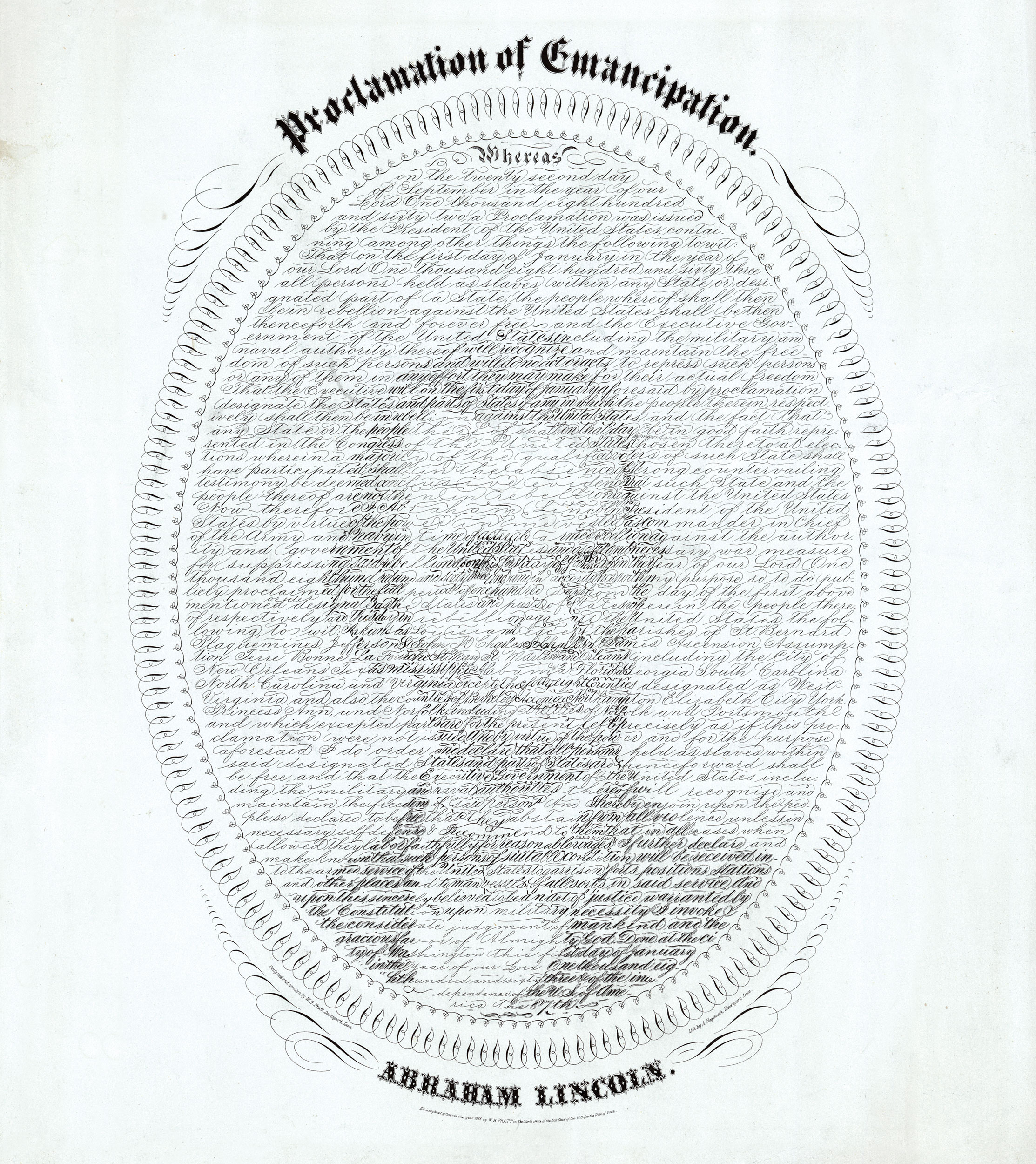 Calligraphic portrait of Proclamation of Emancipation text over an image of Abraham Lincoln.
