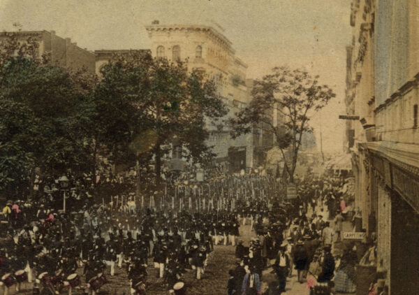 Militiamen march through the streets of New York City on July 4, 1860.