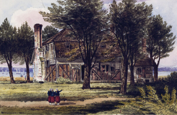 In this wartime watercolor by William McIlvaine, Union soldiers mill about the grounds of the historic Moore House in Yorktown, Virginia.